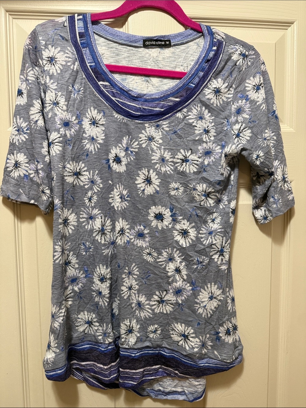 David Cline Gray and Blue Floral Scoop Neck Short Sleeve Top